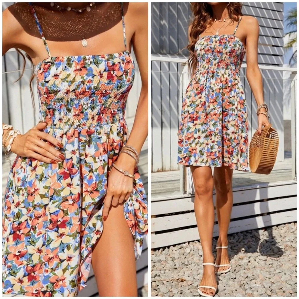 SOLD OUT Multi Color Tropical Floral Smocked Cami Tank Casual Summer Mini Dress - Picture 1 of 5